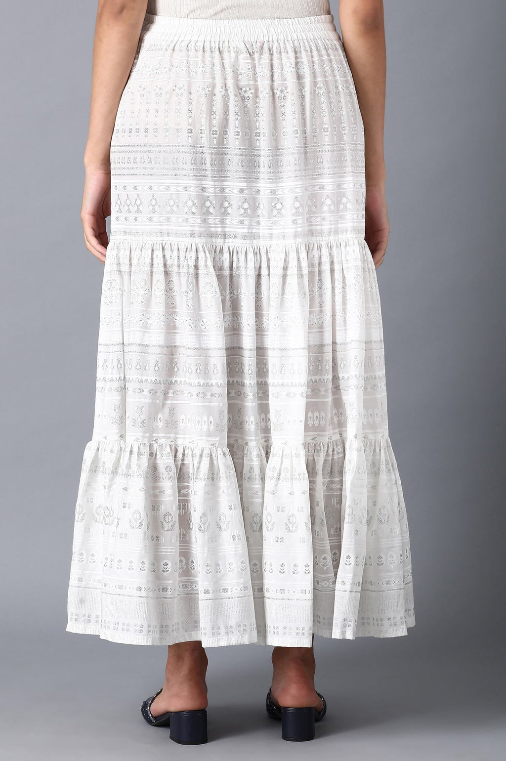 W for Woman Ecru Glitter Printed Tiered Skirt | Grocsy