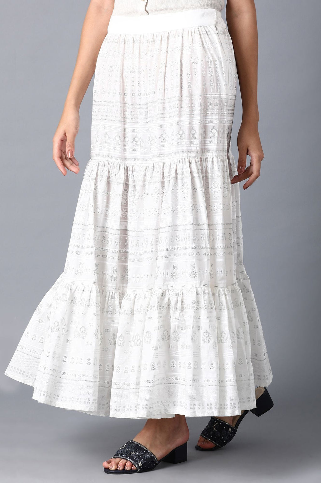 W for Woman Ecru Glitter Printed Tiered Skirt | Grocsy
