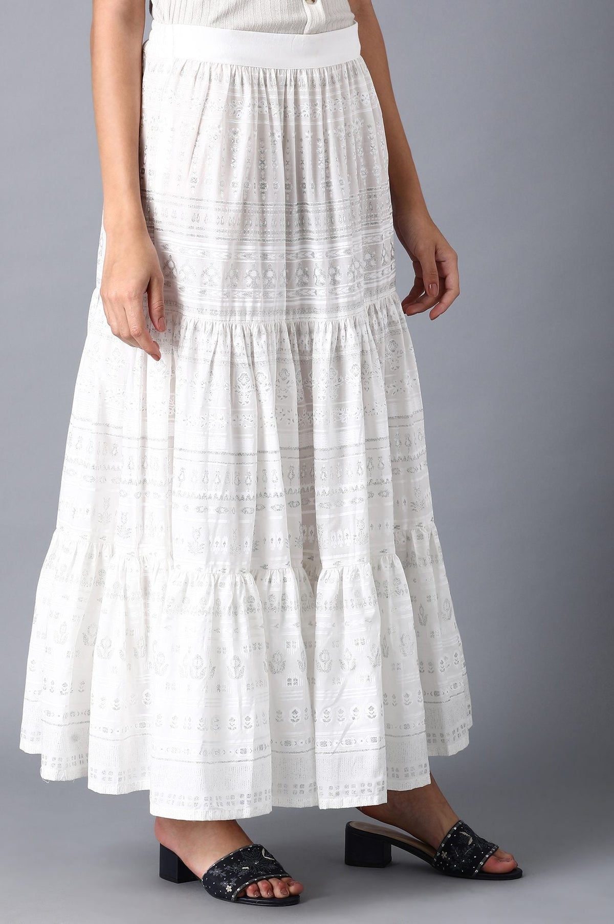 W for Woman Ecru Glitter Printed Tiered Skirt | Grocsy