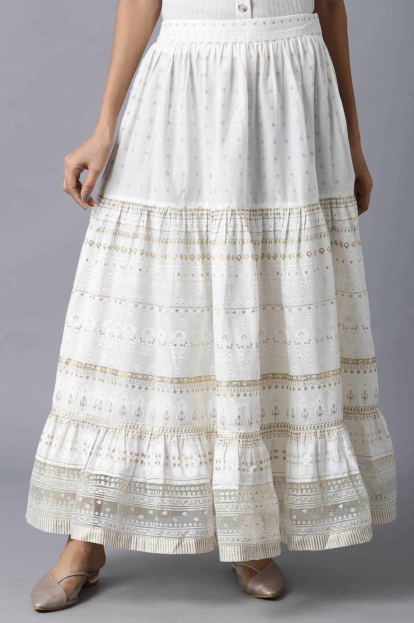 W for Woman Ecru Printed Gathered Skirt | Grocsy