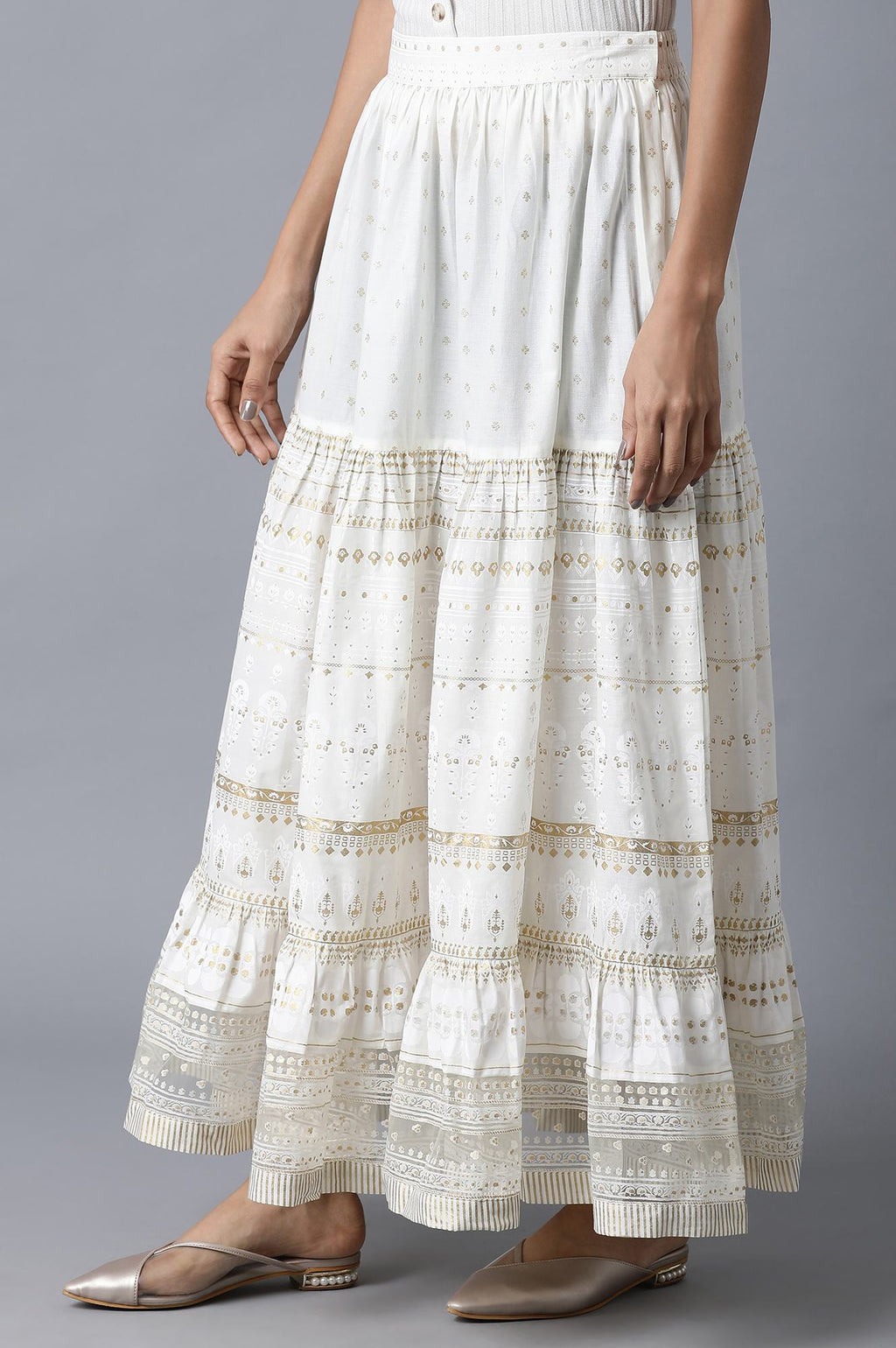 W for Woman Ecru Printed Gathered Skirt | Grocsy