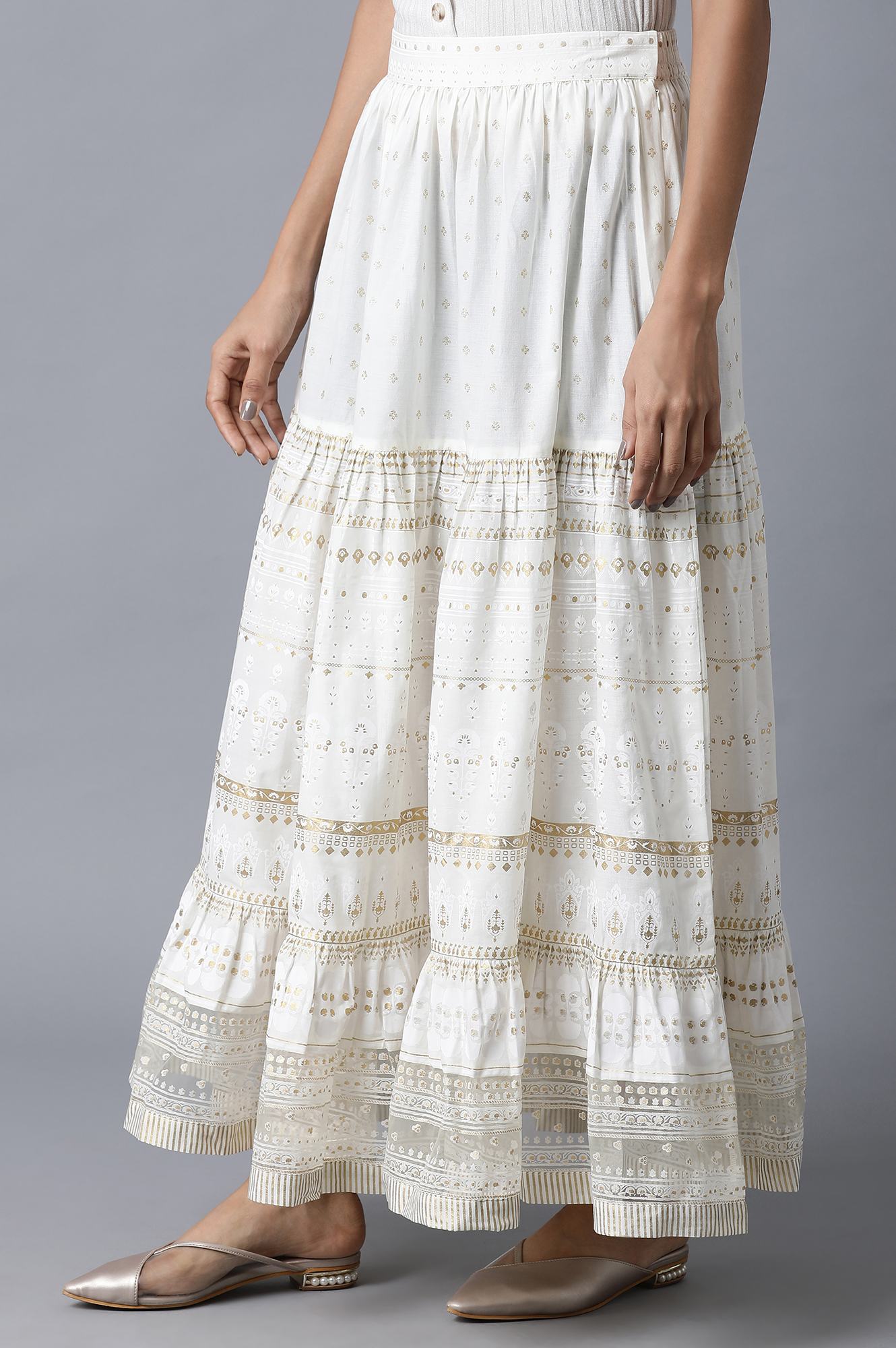 W for Woman Ecru Printed Gathered Skirt | Grocsy