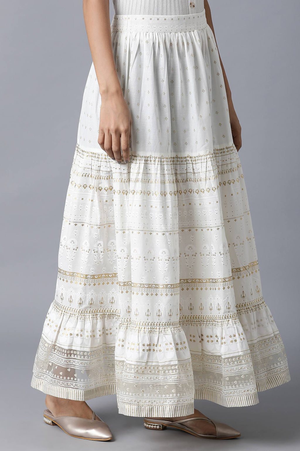 W for Woman Ecru Printed Gathered Skirt | Grocsy