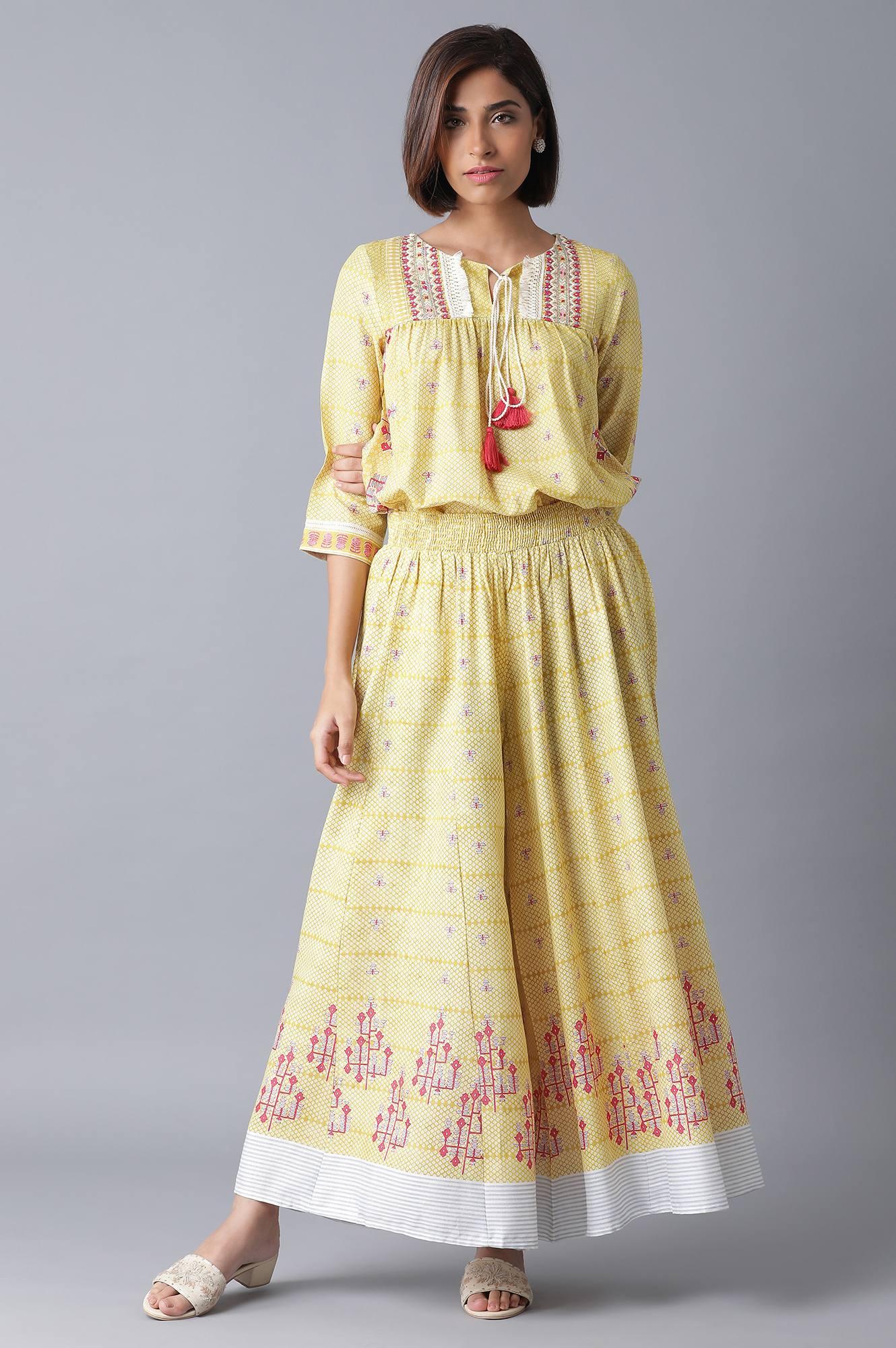 W for Woman Yellow Printed Two Piece Jumpsuit Set | Grocsy