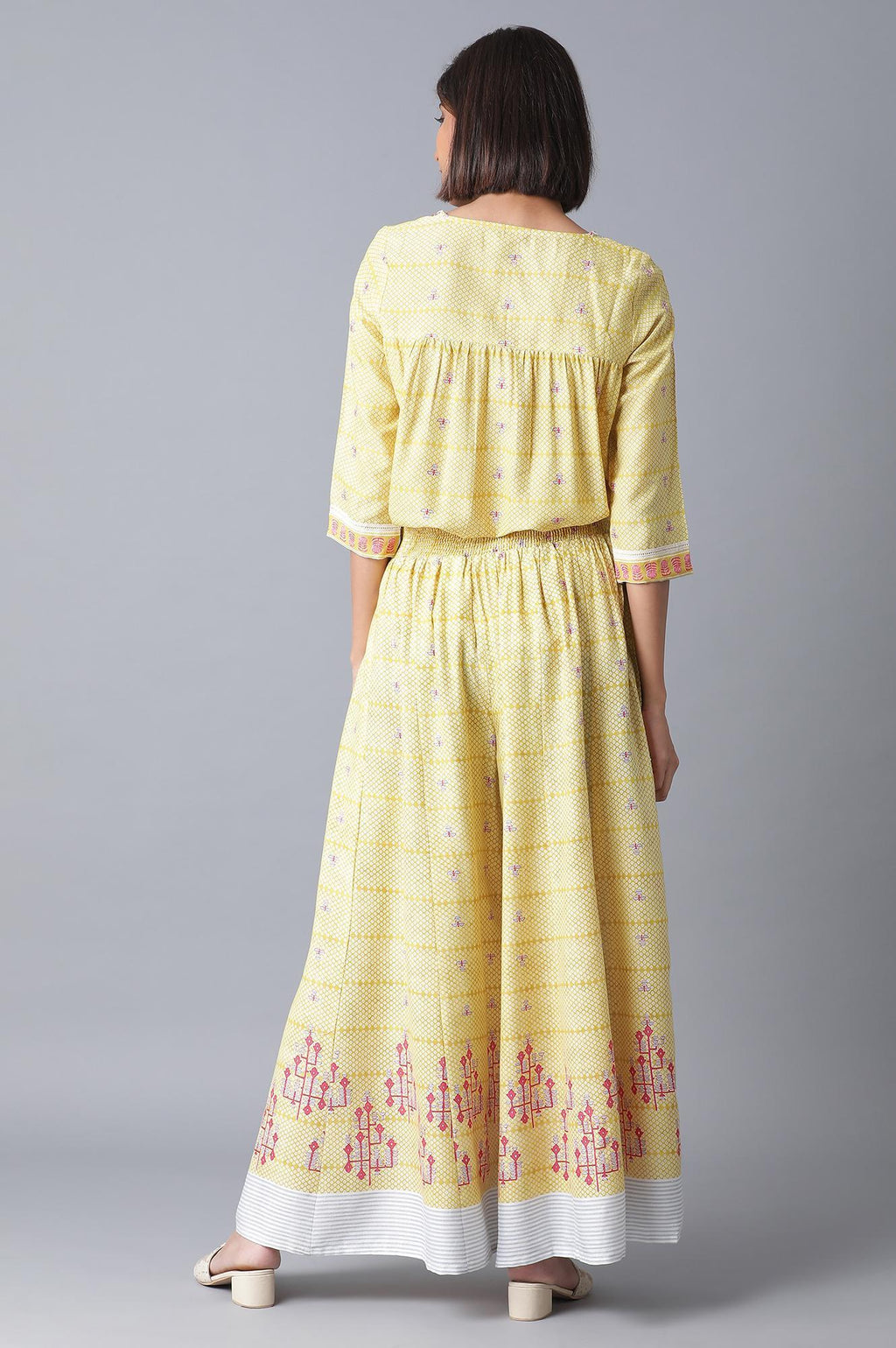 W for Woman Yellow Printed Two Piece Jumpsuit Set | Grocsy