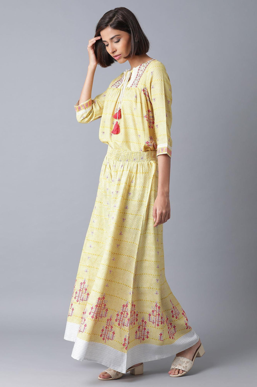 W for Woman Yellow Printed Two Piece Jumpsuit Set | Grocsy