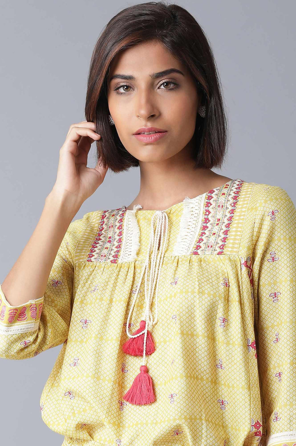 W for Woman Yellow Printed Two Piece Jumpsuit Set | Grocsy