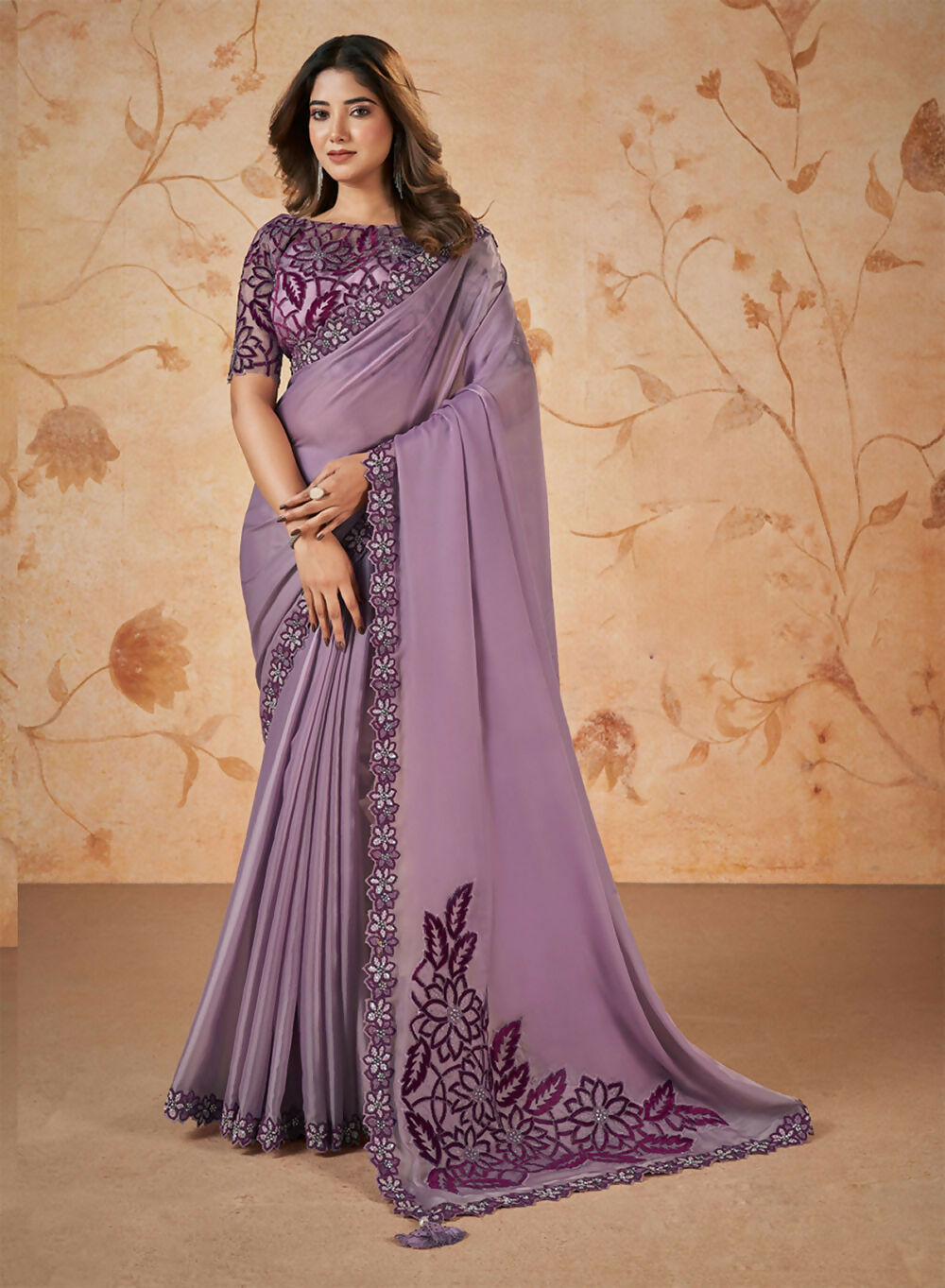 Purple Crepe Satin Silk Sequence & Cord Embroidered with Stone Work Saree - Mohmanthan Dakshika | Grocsy