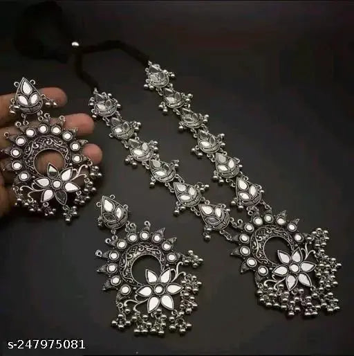 Tehzeeb Creations Women's Silver Colour Oxidised Necklace And Earrings With White Kundan | Grocsy
