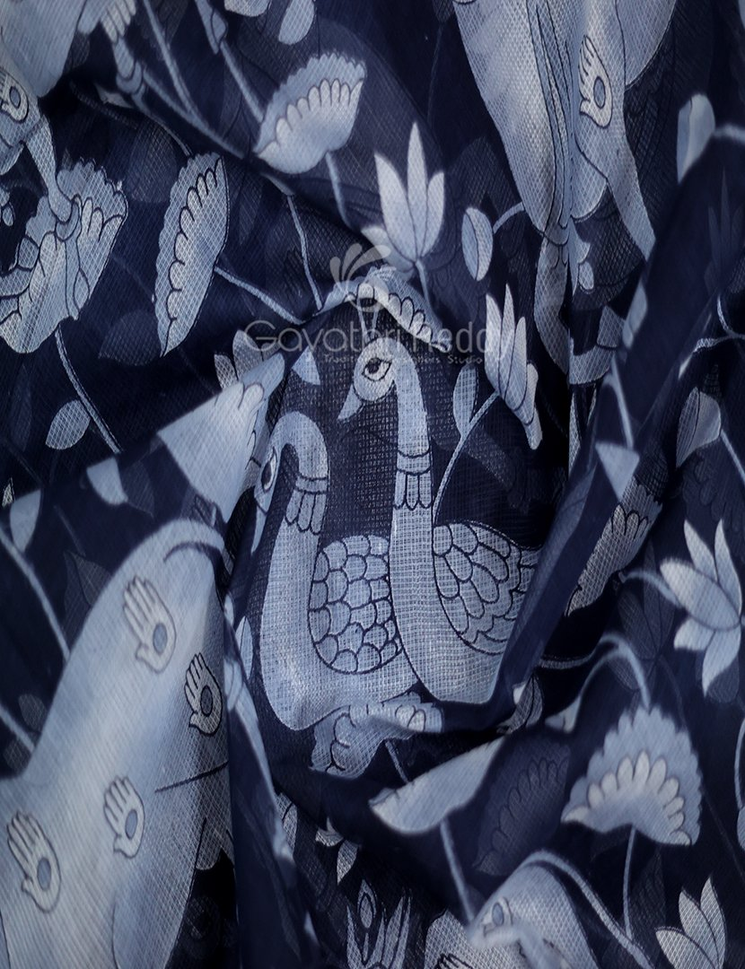 Shades of Dark Navy Blue And Grey With Pichwai Print Munga Cotton Saree By Gayathri Reddy Designer Studio | Grocsy