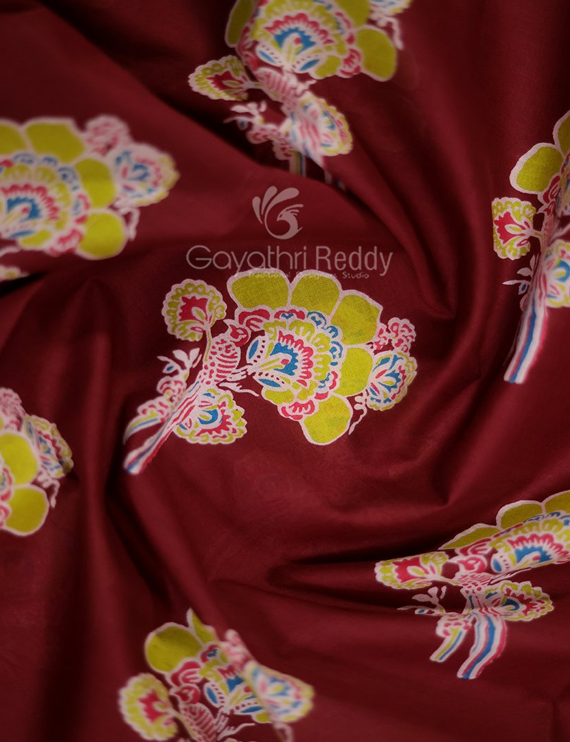 Block Print Maroon Coloured Mulmul Cotton Saree By Gayathri Reddy Designer Studio | Grocsy