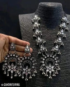 Tehzeeb Creations Women's Silver Colour Oxidised Necklace And Earrings With White Kundan | Grocsy