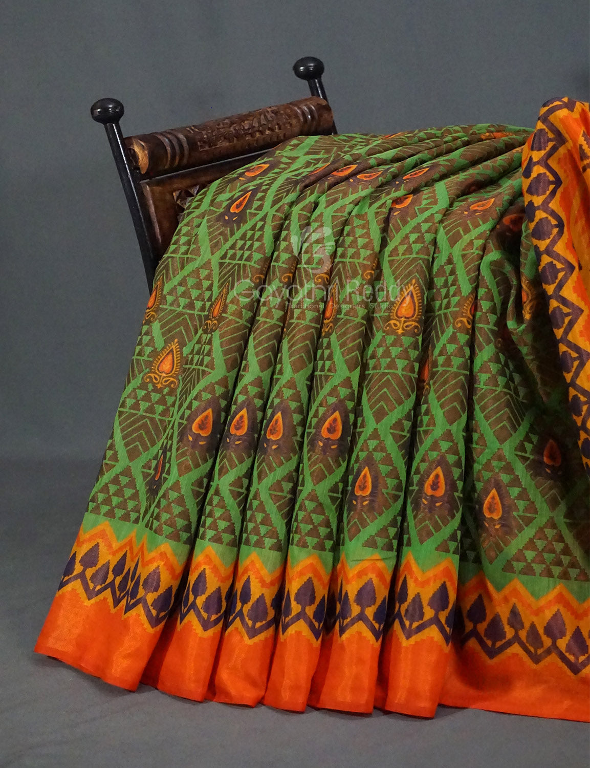 Parrot Green Printed Cotton Brasso Saree By Gayathri Reddy Designer Studio | Grocsy
