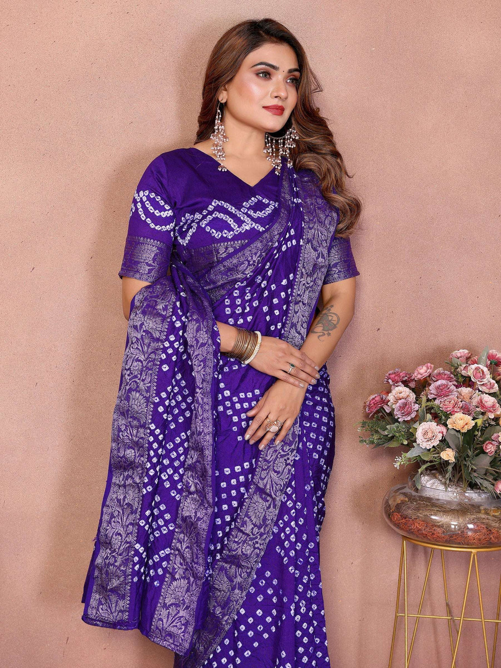 Anaita Blue Handmade Bandhej Viscose Silk Saree With Blouse | Grocsy