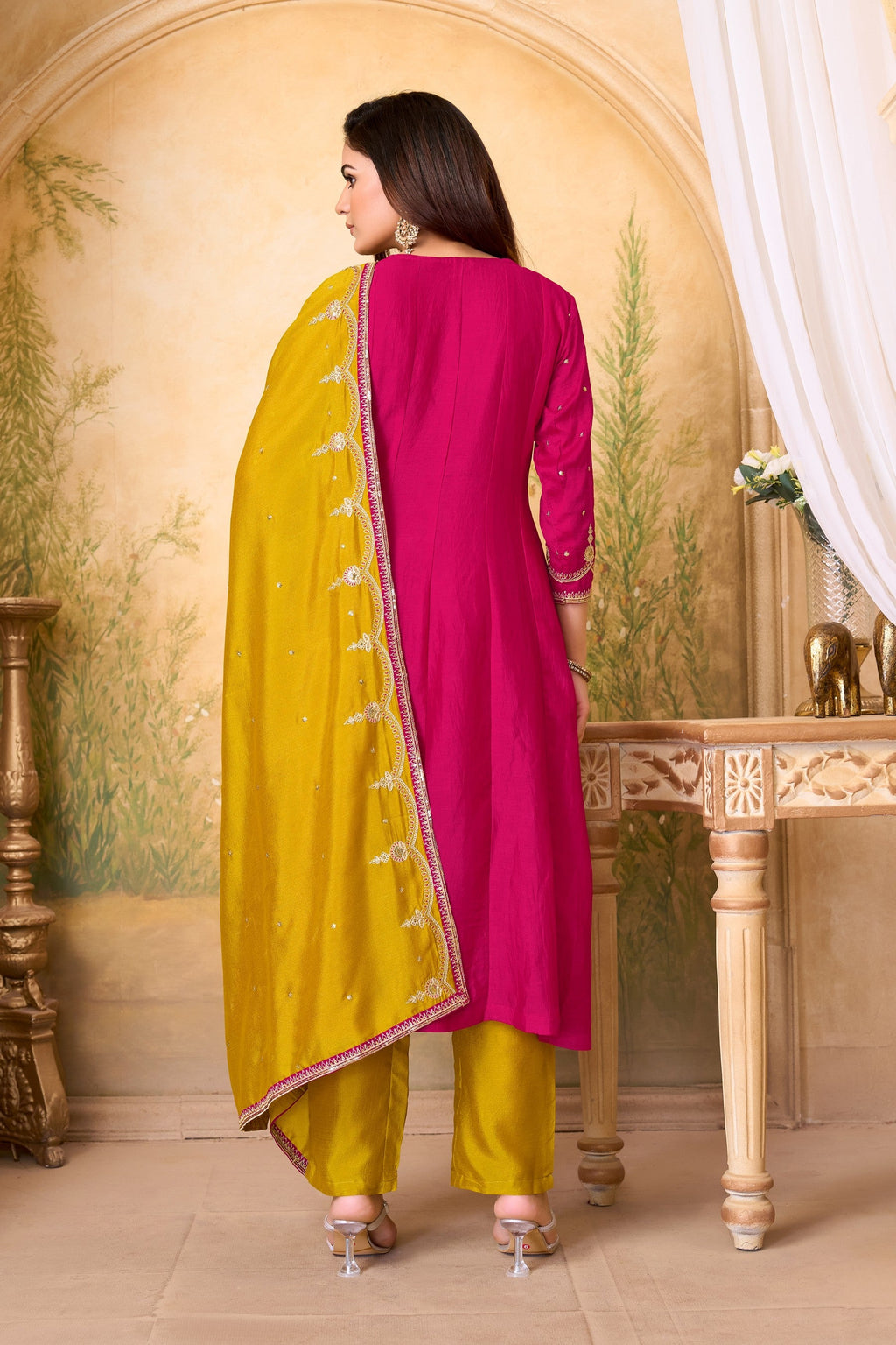 Anaita Pink Yellow Anarkali Readymade Suit with Embroidery Work | Grocsy