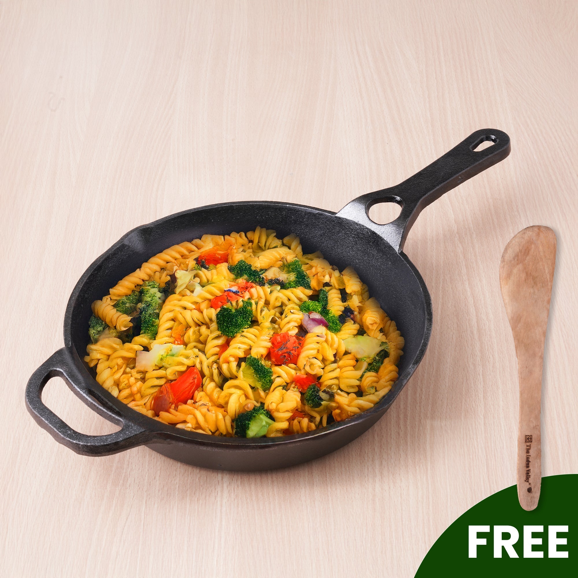 The Indus Valley CASTrong Cast Iron Fry Pan/Skillet, Pre-seasoned, Nonstick, 100% Pure, Toxin-free, Induction,Spatula, 25.4cm, 1.7L, 2.3kg | Grocsy