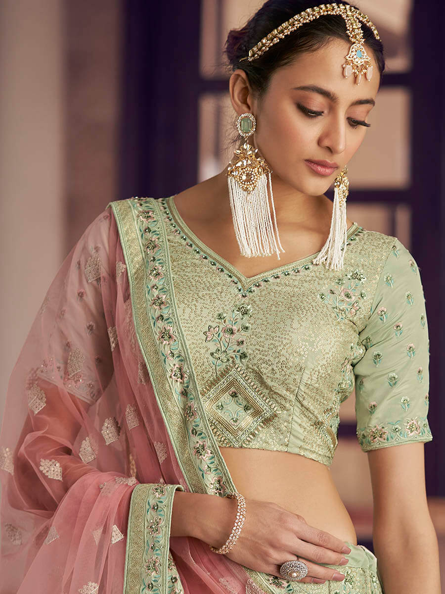 Myra Pista Green Crepe Embroidered Lehenga | Grocsy