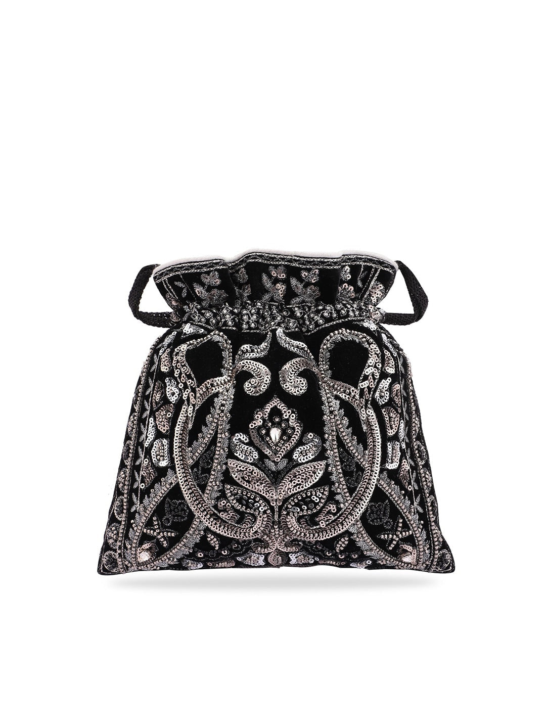 Masq Black & Silver-Toned Embellished Potli Clutch | Grocsy