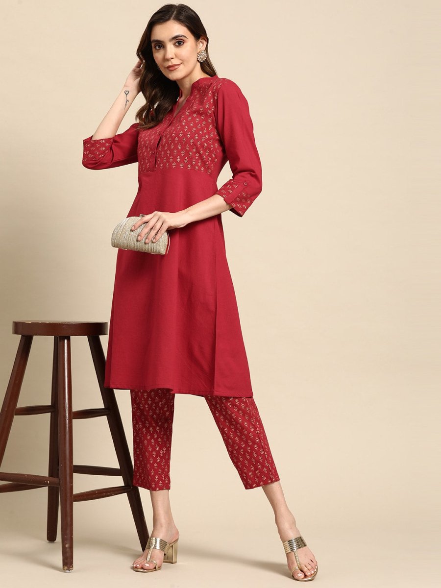 All About You Women Motifs Yoke Design A-Line Kurta with Trousers | Grocsy
