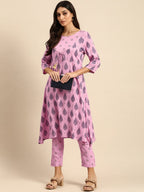 All About You Women Pink Ethnic Motifs Printed Empire Kurta with Trousers | Grocsy