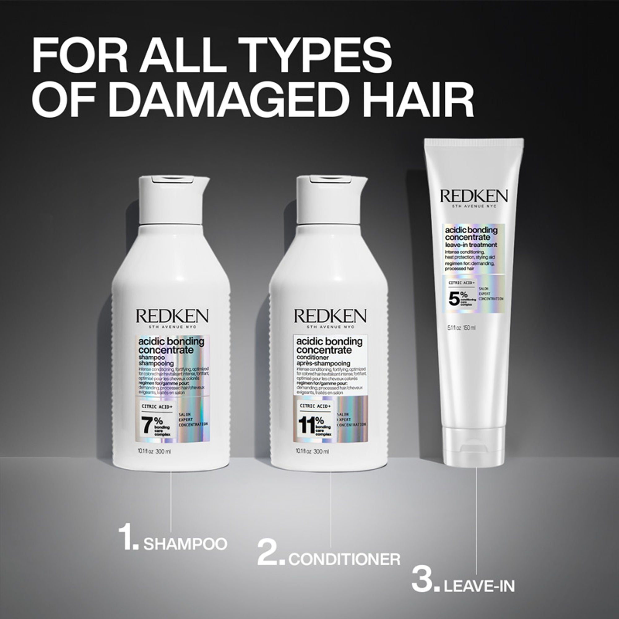 Redken Damaged Hair Combo - Acidic Bonding Concentrate Shampoo, Conditioner & Leave-In Treatment | Grocsy