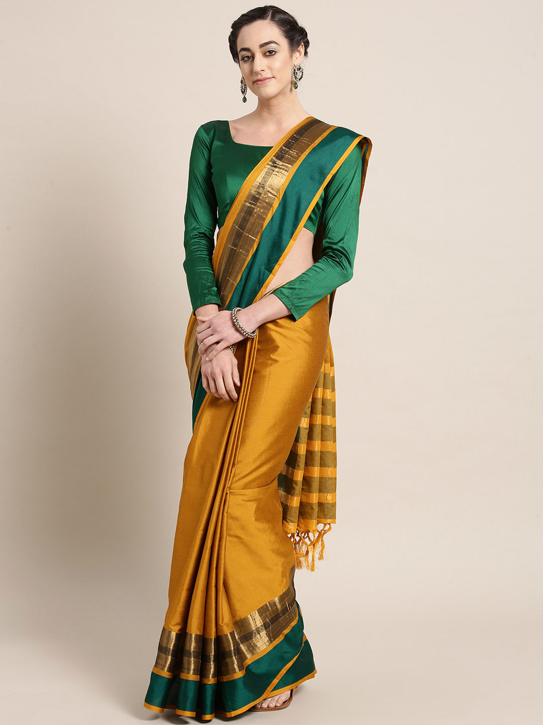 Saree Mall Mustard Yellow & Green Solid Saree | Grocsy