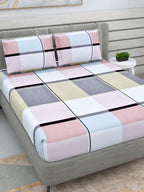 DREAM WEAVERZ Pink & Grey Geometric Glazed Cotton 220 TC King Bedsheet with 2 Pillow Covers | Grocsy
