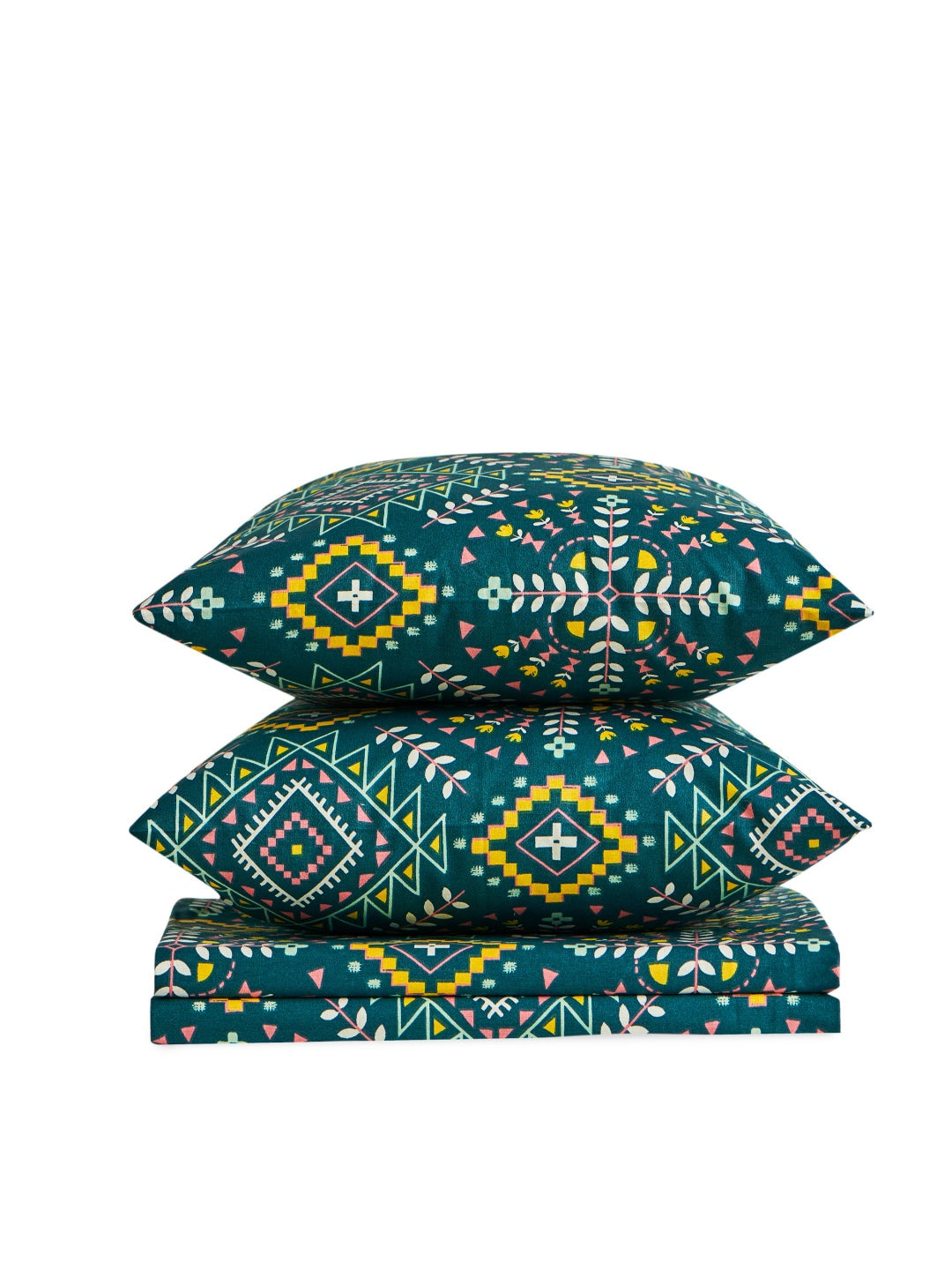 Chumbak Blue & Yellow Ethnic Motifs 136 TC Queen Bedsheet with 2 Pillow Covers | Grocsy