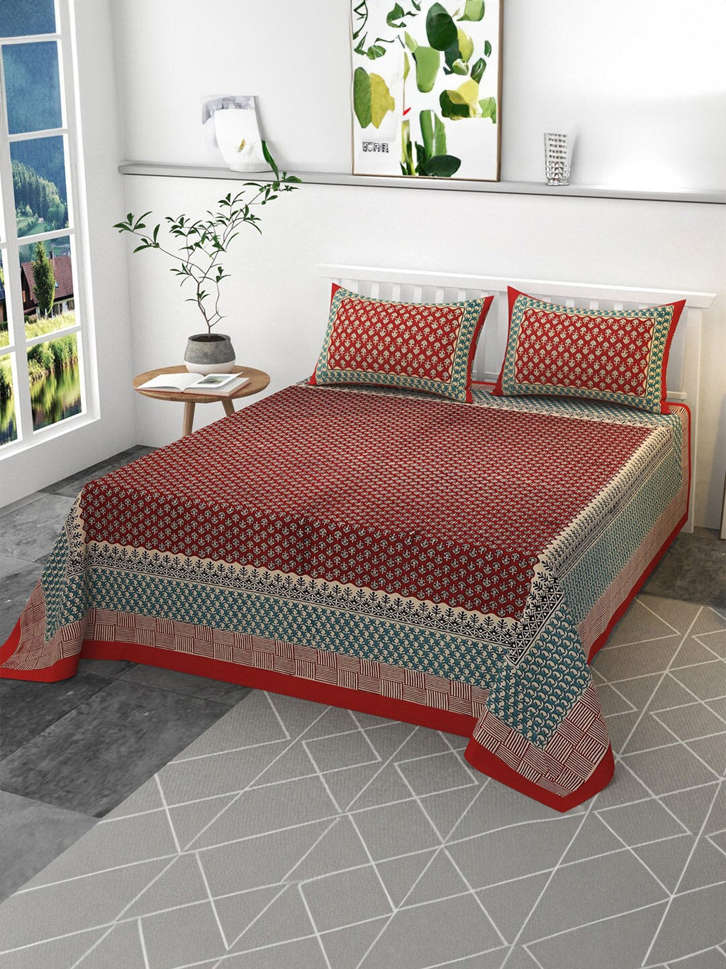 CLIO'S HERITAGE STORE Red Ethnic Motifs Cotton 400 TC King Bedsheet with 2 Pillow Covers | Grocsy