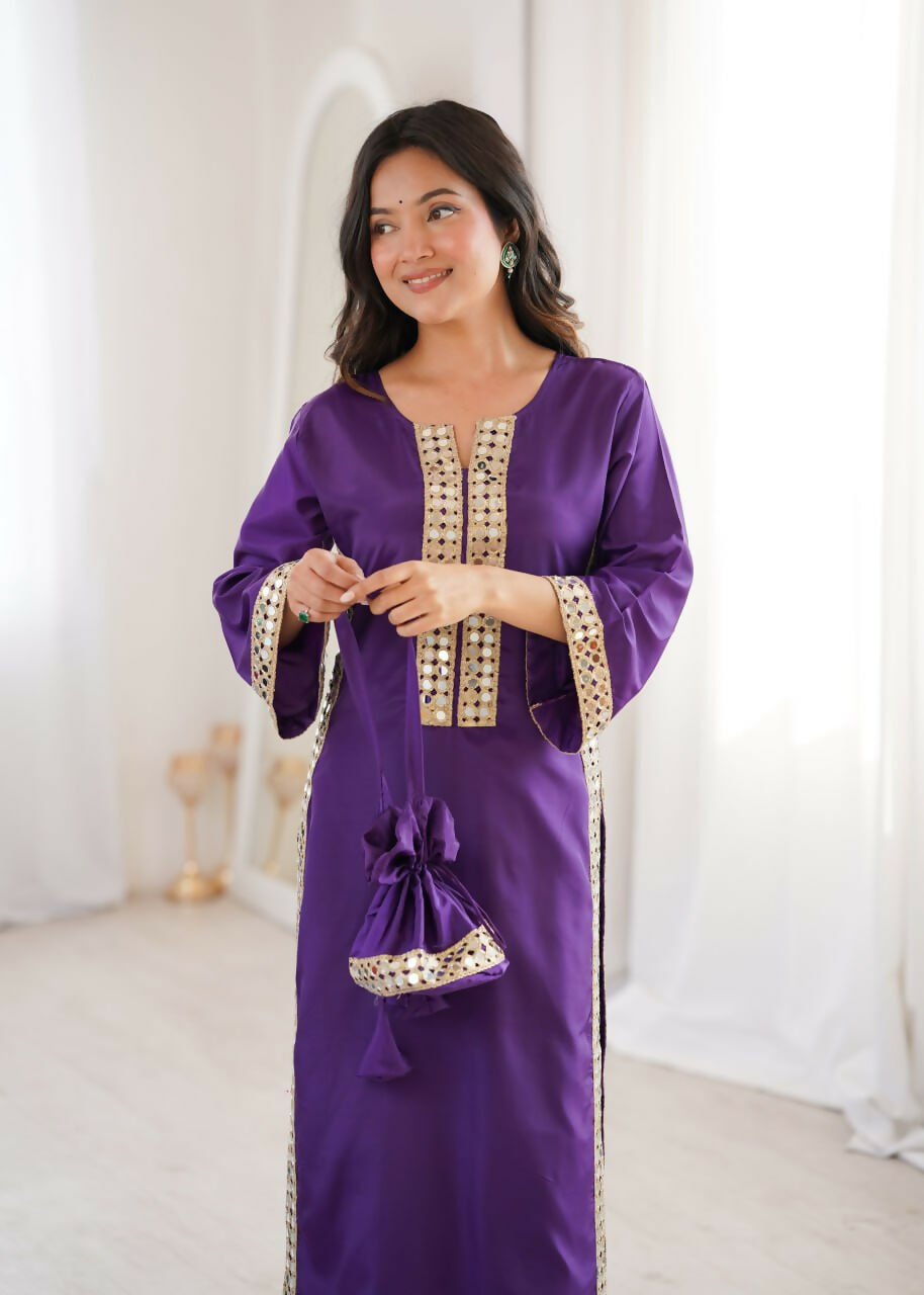 Teeya Creation Womens New Trending Purple Color Natural Crepe With Real Mirror Lace Work Kurta Set | Grocsy