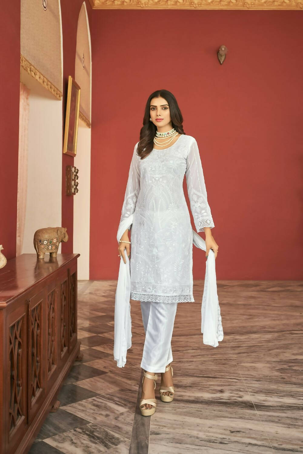 White Heavy Faux Georgette Embroidered Semi Stitched Suit - Dhvani | Grocsy