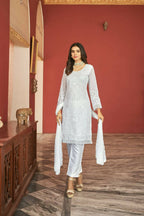 White Heavy Faux Georgette Embroidered Semi Stitched Suit - Dhvani | Grocsy