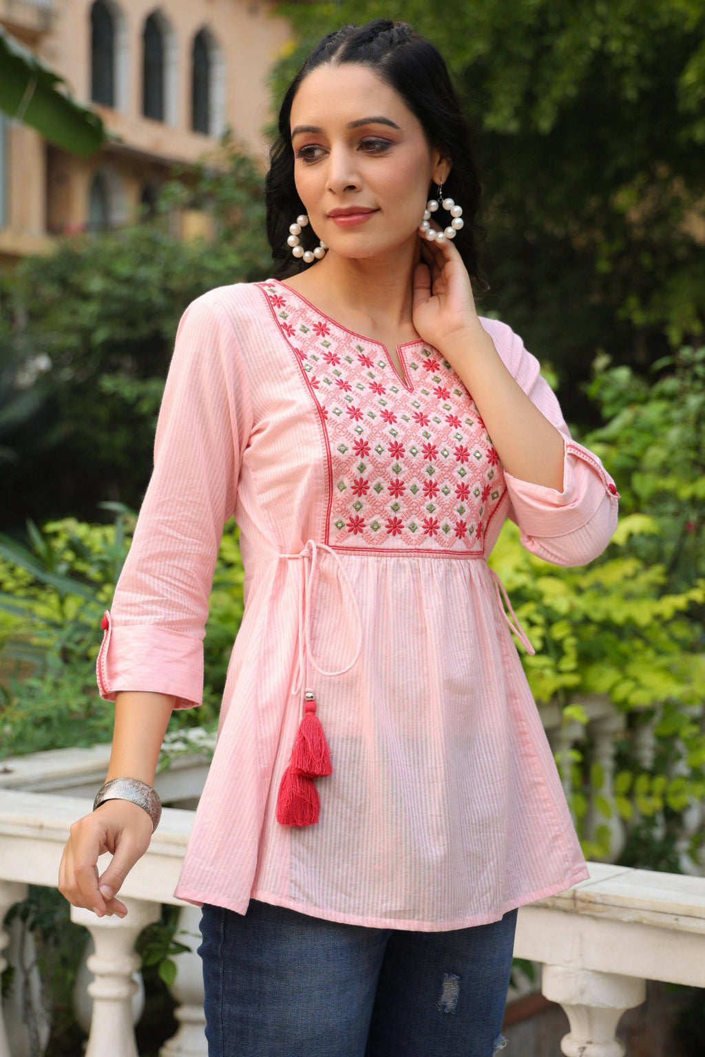 Juniper Women's Peach Cotton Dobby Solid Embroidered Straight Tunic | Grocsy