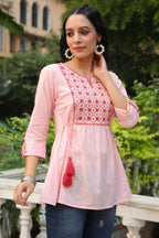 Juniper Women's Peach Cotton Dobby Solid Embroidered Straight Tunic | Grocsy