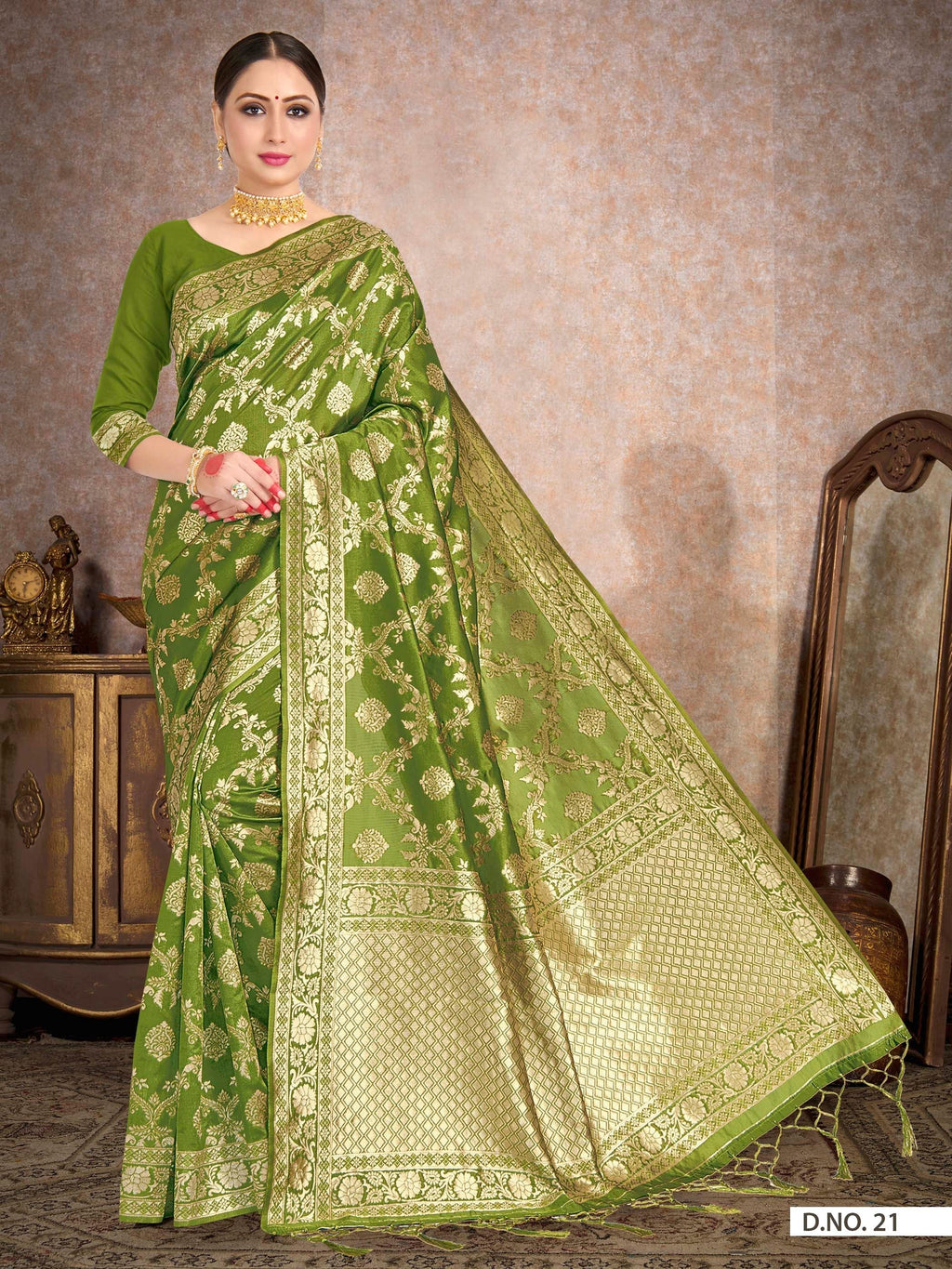 Vardha Pear Green Woven Banarasi Saree | Grocsy