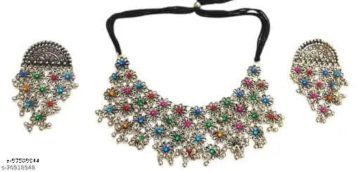 Tehzeeb Creations Women's Silver Color Oxidised Necklace Set With Multi Kundan - Swadesiicart