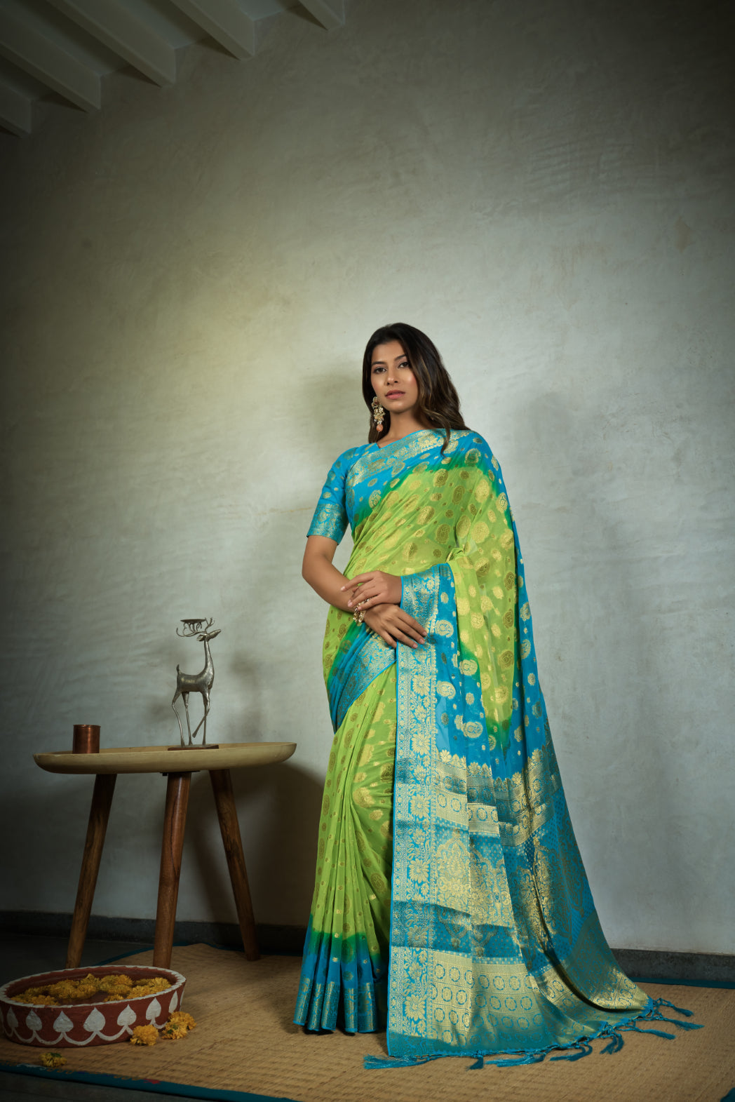 Vardha Lime Green Golden Zari Banarasi Chiffon Saree | Grocsy