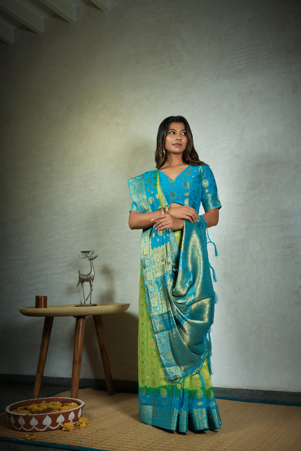 Vardha Lime Green Golden Zari Banarasi Chiffon Saree | Grocsy