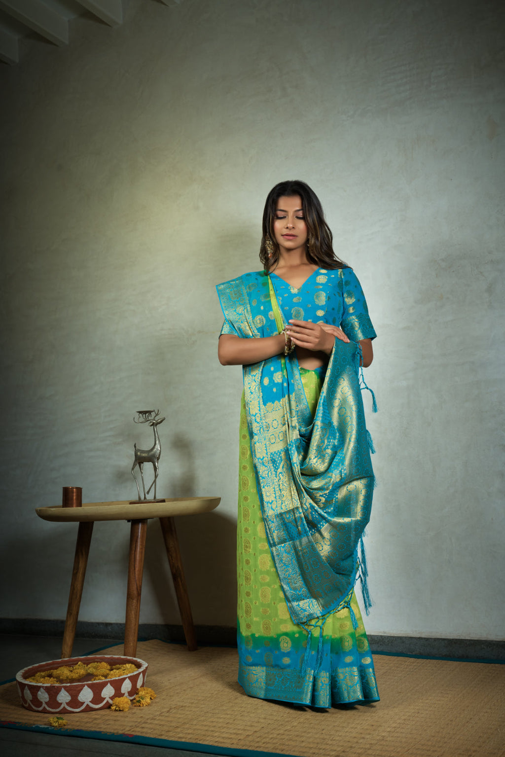 Vardha Lime Green Golden Zari Banarasi Chiffon Saree | Grocsy