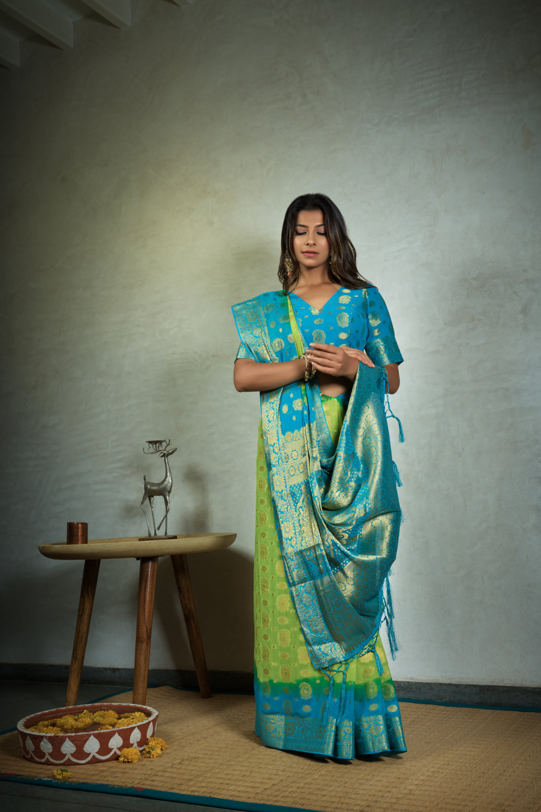Vardha Lime Green Golden Zari Banarasi Chiffon Saree | Grocsy