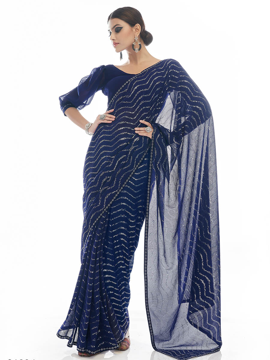Myra Navy Blue Georgette Embroidered Designer Saree | Grocsy