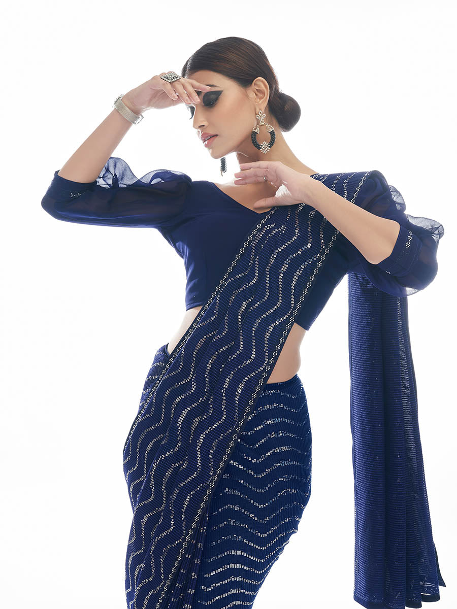 Myra Navy Blue Georgette Embroidered Designer Saree | Grocsy