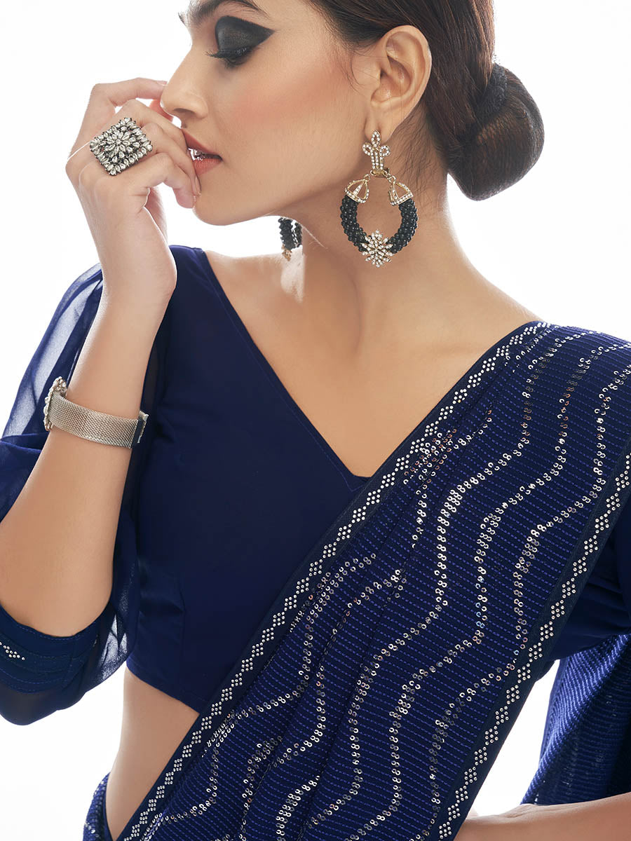 Myra Navy Blue Georgette Embroidered Designer Saree | Grocsy