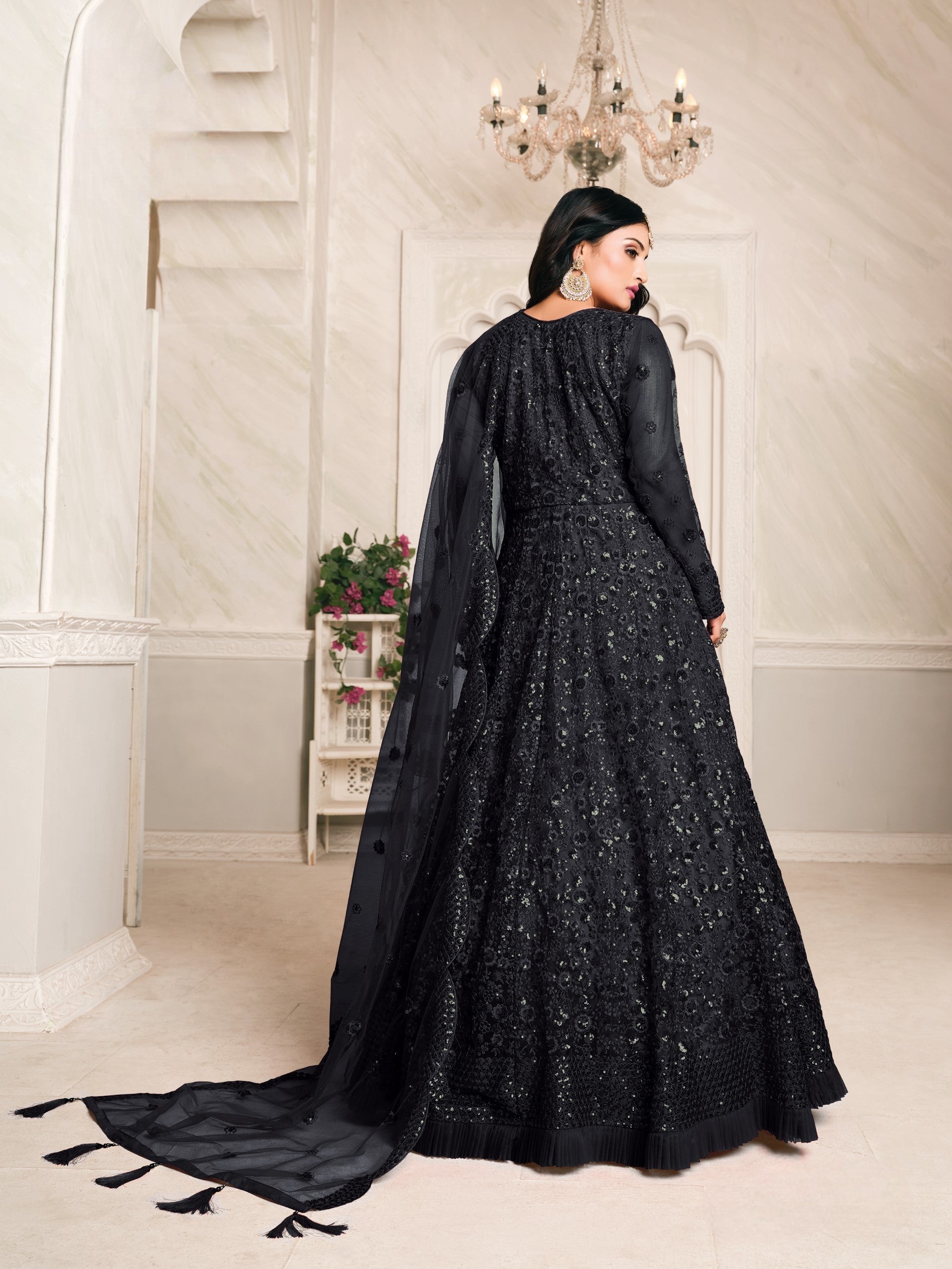 Anaita Black Embroidered Net Anarkali Suit | Grocsy