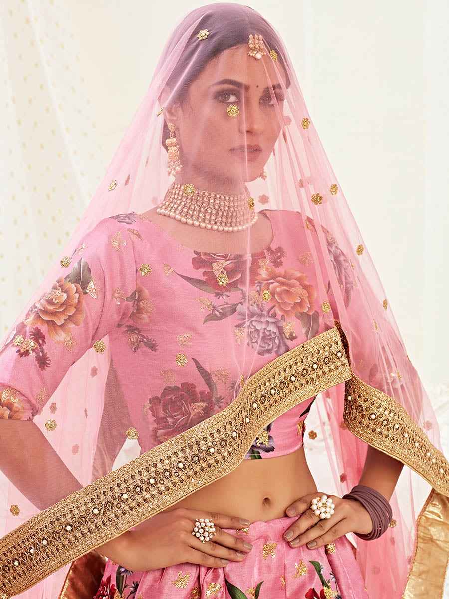 Myra Pink Floral Print Embroidered Designer Lehenga | Grocsy