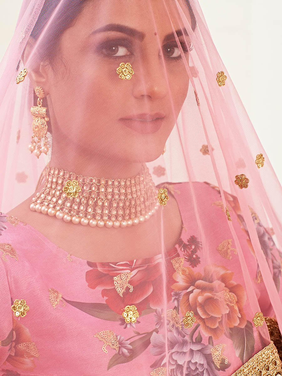 Myra Pink Floral Print Embroidered Designer Lehenga | Grocsy