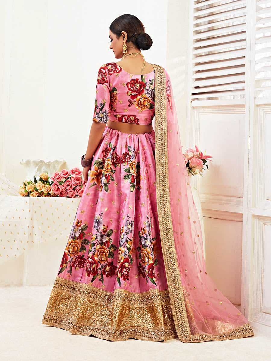 Myra Pink Floral Print Embroidered Designer Lehenga | Grocsy