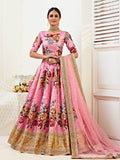 Myra Pink Floral Print Embroidered Designer Lehenga | Grocsy