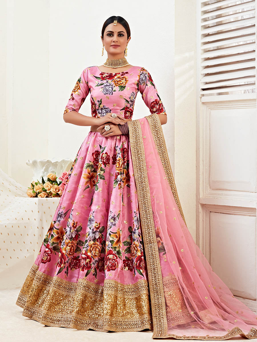 Myra Pink Floral Print Embroidered Designer Lehenga | Grocsy