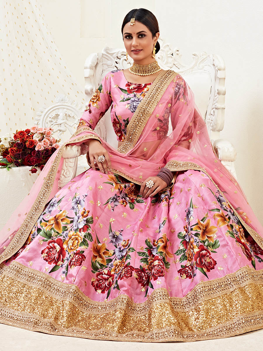 Myra Pink Floral Print Embroidered Designer Lehenga | Grocsy